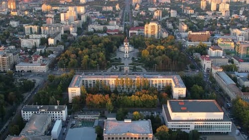 Aerial drone view of Chisinau downtown at sunset, Moldova. View of Central Park, Cathedral, Govermen