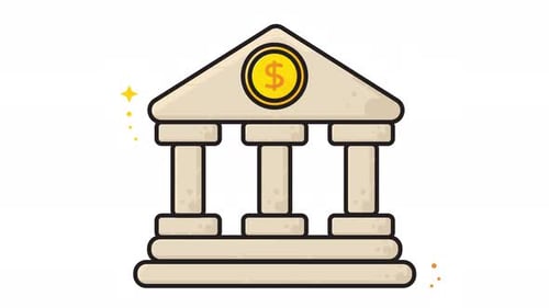 Flat Design Animated Bank Building Icon with Dollar Sparkle