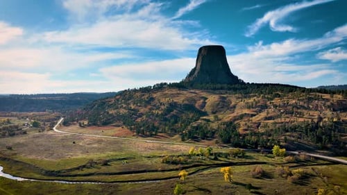 Aerial shot of Devils Tower in Wyoming.