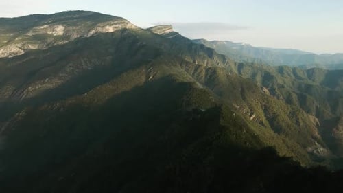 Aerial view of sunrise and mountain peaks, forest landscape and fog