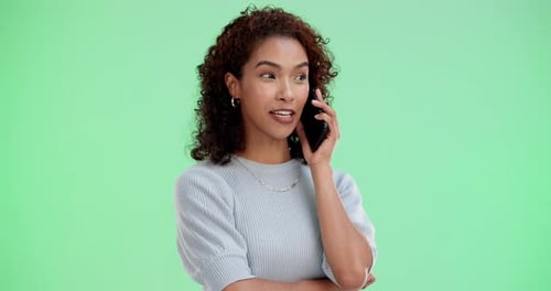 Woman, happy and phone call on green screen for chat, weekend planning and social