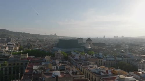 Aerial Panoramic View of Metropolis t Sunset Modern Building of Gran Teatre Del Liceu in Historic