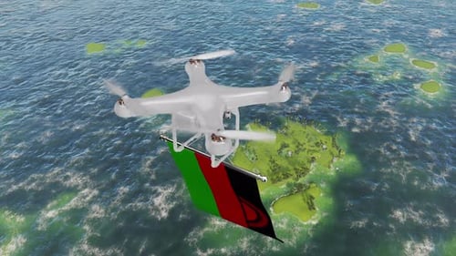 The Drone Flying With Malawi Flag Above The Sea