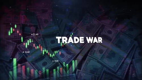Trade War Words On Economic Background With Decrease Bar Chart Graph And Arrow