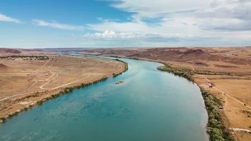 Drone Shot of River Ili and Spring Steppe in Kazakhstan