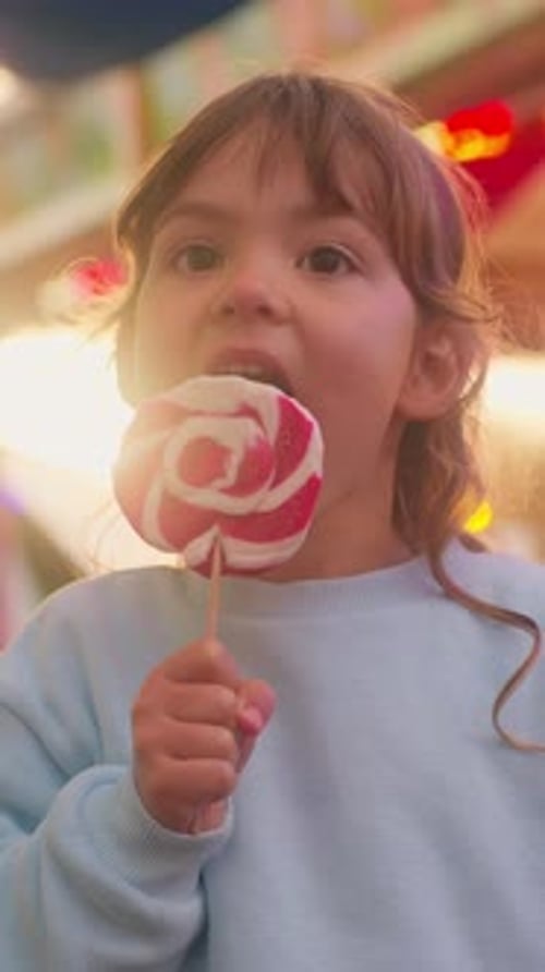 Child Enjoys Lollipop at Amusement Park