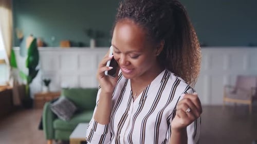 Smiling Young Woman Talking on Mobile Phone Indoors