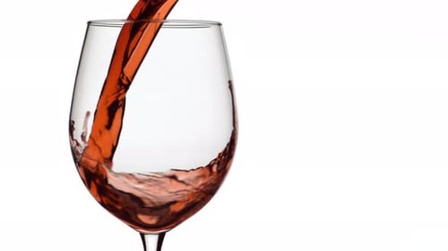 Wine pouring into clear glass on white background