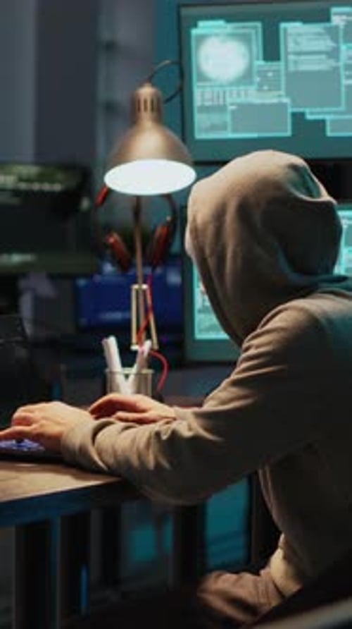 Imposteur vidéo vertical avec masque piratant un serveur informatique tard dans la nuit