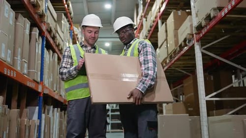 Two Warehouse Workers Inspecting a Package Together