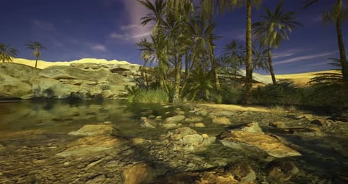 Serene Oasis with Palm Trees and Tranquil Waters in a Desert Landscape