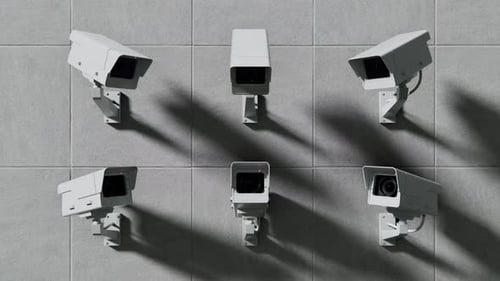 3D-Animation einer klassischen Überwachungskamera mit nahtloser Schleife auf einer Betonwand