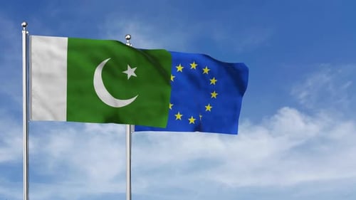 Flags of Pakistan and European Union Waving