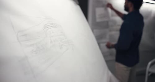 Canvas, building and drawing with design in studio, lines and architect with creativity at company