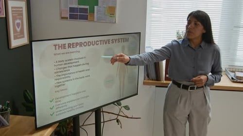 Hispanic Female Teacher Demonstrating Reproductive System Chart on Screen