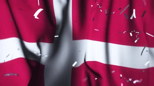 Waving Denmark Flag with Falling Confetti Celebration