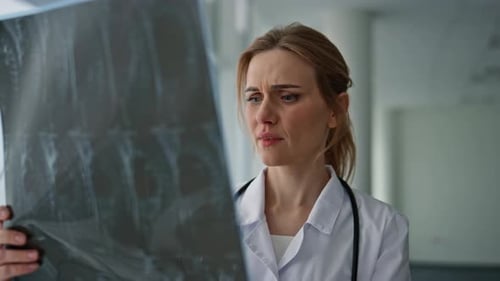 Concerned Woman Analyzing Xray in Healthcare Clinic Closeup Worried Doctor