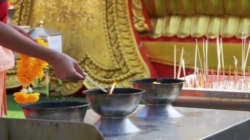 People Light Incense Sticks with Smoke in Buddhist Temple Thailand Pattaya
