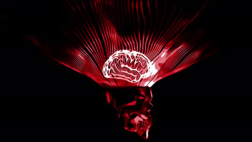 3D-Animation des menschlichen Gehirns, umgeben von Lichtstrahlen