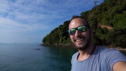 Happy Couple Taking Selfie Photos Recording Video on Island Super