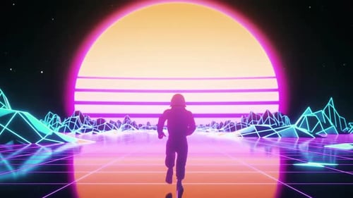 Retro Futuristic Runner Animation on Neon Grid Landscape