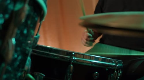 Drummer Playing on Concert Close Up in Studio Drummer Hands Hit the Drum Cymbal with Drumstick in a