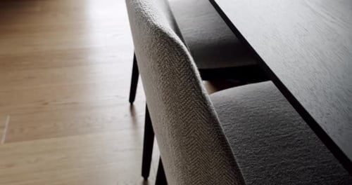 Modern Dark Wood Table and Gray Fabric Chairs