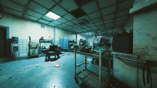 Quiet Abandoned Hospital Scene with Broken Ceiling and Scattered Carts
