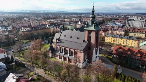 Aerial view of the church in Nowy Targ, Poland