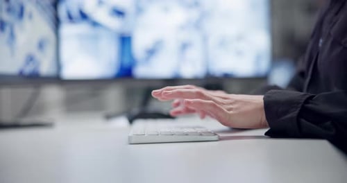Security, hands and typing on keyboard with computer, technology and internet connection
