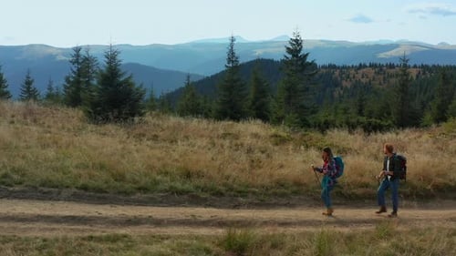 Hiking Couple in Sunny Mountain Landscape