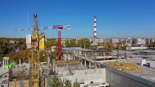 Construction site shot from above. Construction site with crane working Outdoor