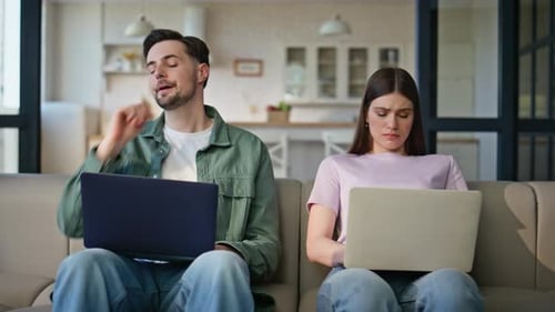 Online Managers Using Computers at Room Interior Closeup Exhausted Man Yawning