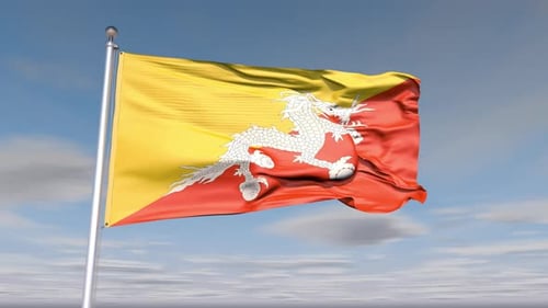 Bhutan National Flag Waving Loop in Blue Sky