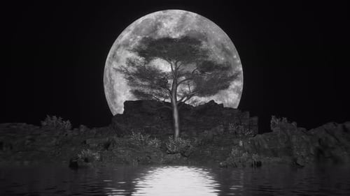 Monochromatic Moon and Tree Over Serene Water Reflection Loop
