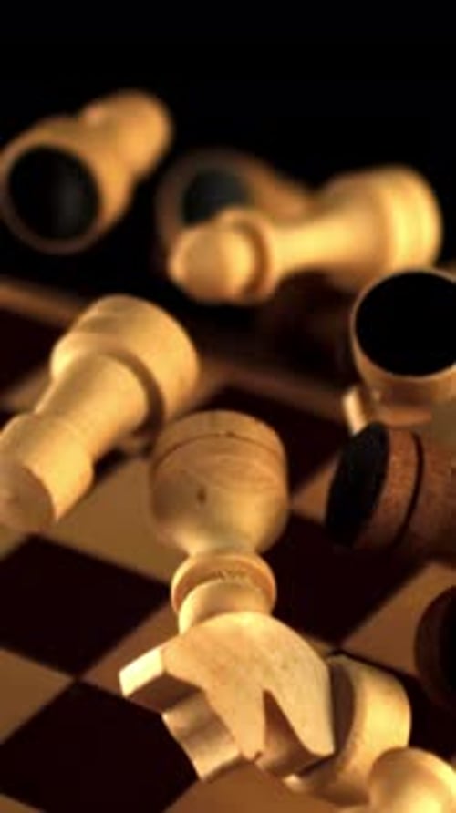 Super Slow Motion Chessboard with Pieces Takes Off and Falls Down Filmed on a Highspeed Camera at