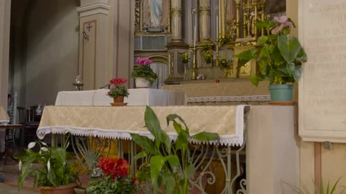 An inside view of the altar of a Catholic Church, Having beautiful and antique art work with the pic