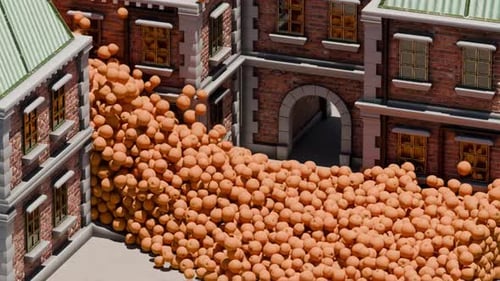 3D Animation of Orange Spheres Flooding a Town Courtyard