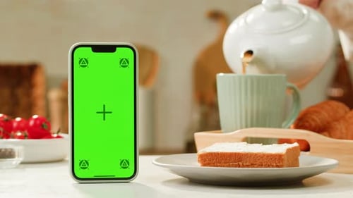 Phone with Green Screen Chroma Key on Kitchen Restaurant Cafe Bistro Application Bakery Food Fresh