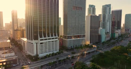 View From Above of Skyscraper Buildings in Downtown District of Miami Florida USA American City with