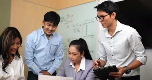 Young workers have brainstorm during business meeting in office