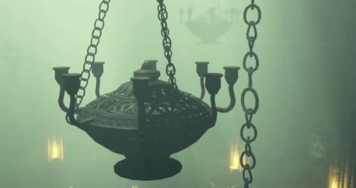 Dramatic Chandelier Suspended in Misty Atmosphere of Ancient Hall