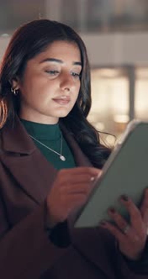 Research, scroll and tablet with business woman in office for trading profit