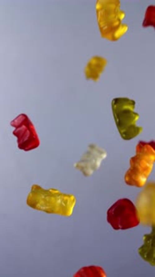 Gummy Bears Falling in Slow Motion, Close Up