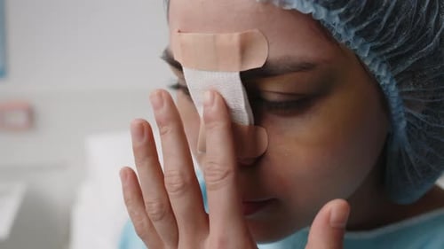 Woman in Hospital Gown Touches Her Face