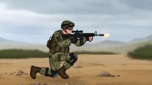 Cartoon Soldier Firing Rifle in Combat Animation
