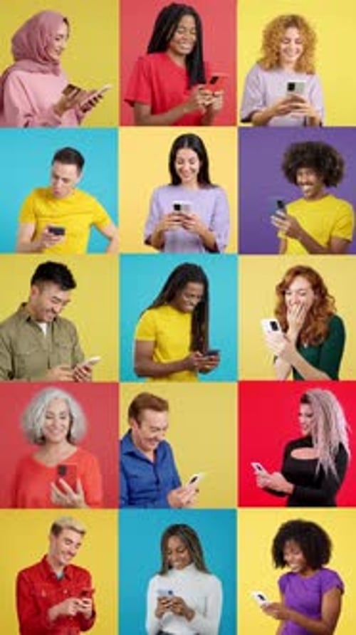 Mosaic of Happy People Using the Mobile Phone