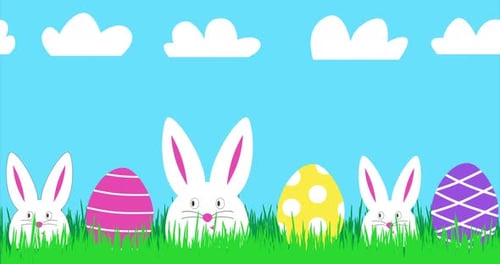 Banner animado de feliz Pascua con tres divertidos conejos blancos y coloridos huevos de Pascua, bonito