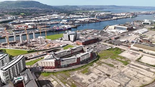Drone shot of bustling activities at Belfast Harbour, Northern Ireland