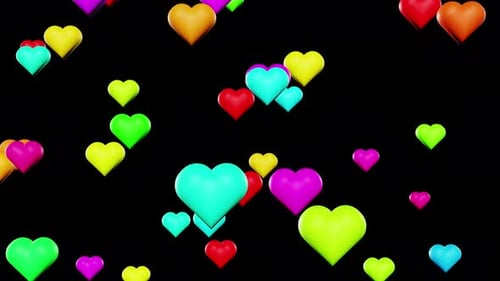 Colorful valentines day hearts fall down on black background 3d render loop. Love concept